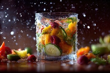 Refreshing summer drink with vibrant fruits splashing in a glass under a dynamic spray of water at a garden party setting