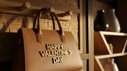 Stylish brown leather handbag with golden 'Happy Valentine's Day' lettering.