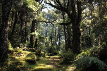 Obraz premium Explore the lush beauty of a native New Zealand forest illuminated by soft sunlight filtering through dense foliage in a serene natural setting