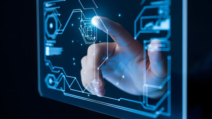 Human hand interacting with futuristic digital interface technology