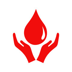 Drop  blood in hand icon, a concept for blood donor day. The red drop symbol represents volunteer blood donation. For web design, templates, infographics and more. flat vector illustration design
