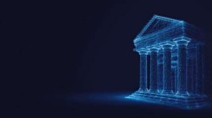 A digital, modern representation of a classical building illuminates against a dark backdrop, perfect for themes of finance, history. ..Created with Generative AI, not depicting real subjects.
