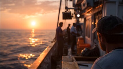 Fototapeta premium Fishermen working on a boat at sunset over the ocean with warm light reflecting on the water