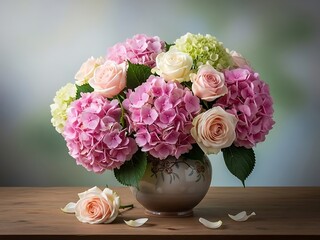 Elegant Hydrangea and Rose Floral Still Life - Beautiful Spring Bloom Arrangement
