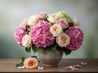 Elegant Hydrangea and Rose Floral Still Life - Beautiful Spring Bloom Arrangement
