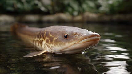 Close up of a brown patterned fish with detailed scales partially emerging from murky water in its natural habitat