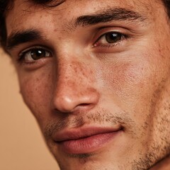 Obraz premium Detailed portrayal of skin, pores, freckles, and natural imperfections. Uses soft lighting and light makeup. Suitable for skincare, cosmeceutical, and skin health advertising.