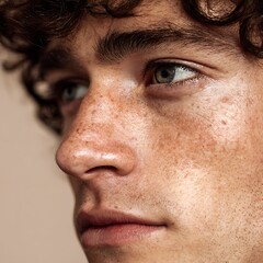 Obraz premium Detailed portrayal of skin, pores, freckles, and natural imperfections. Uses soft lighting and light makeup. Suitable for skincare, cosmeceutical, and skin health advertising.