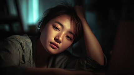 Frustrated woman showing stress at laptop concept. A contemplative young woman gazes thoughtfully in low light.