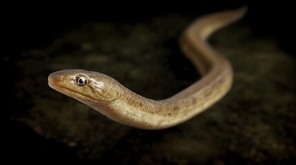 Naklejka premium Close up of a slender patterned brown reptile with distinct eyes in a dark natural setting