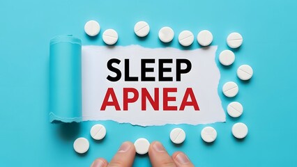 A torn blue paper revealing the words 'SLEEP APNEA' in black and red, surrounded by numerous white pills, with a hand arranging some at the bottom.