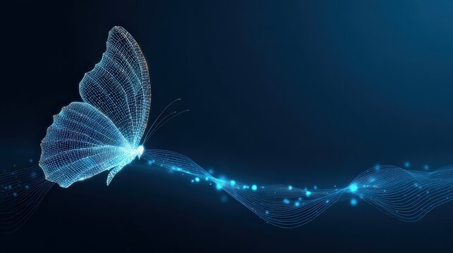 A luminous digital butterfly gracefully takes flight, its intricate form illuminated against a rich dark background. ..Created with Generative AI, not depicting real subjects.