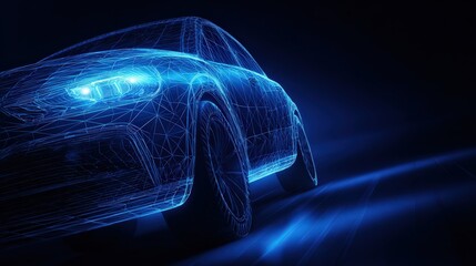 An abstract representation of a futuristic car, illuminated by vibrant blue lines and glowing lights. ..Created with Generative AI, not depicting real subjects.