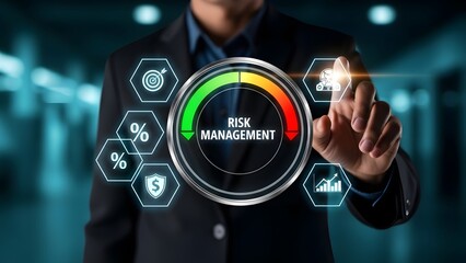 Businessman interacting with a futuristic risk management dashboard showing various business and financial icons.