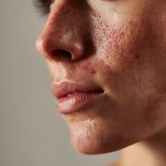 Fototapeta premium Detailed skin description, acne marks, and natural imperfections. Uses clean, soft lighting and light makeup. Suitable for skincare, cosmeceutical, and acne care advertising.