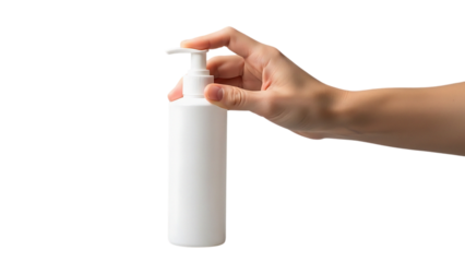 Hand holding white spray bottle against black and white striped background transparent background