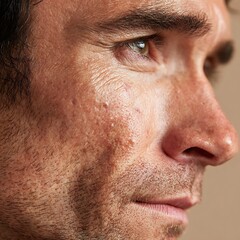 Obraz premium Detailed skin description, acne marks, and natural imperfections. Uses clean, soft lighting and light makeup. Suitable for skincare, cosmeceutical, and acne care advertising.