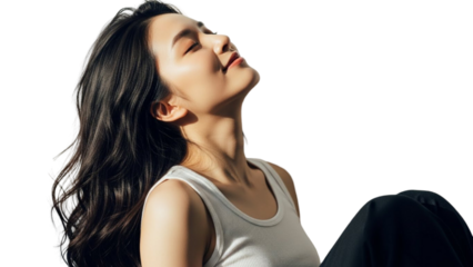 Woman relaxing and breathing deeply isolated on transparent background