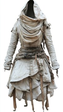 Distressed hooded tunic, layers, off-white/tan, aged fabric