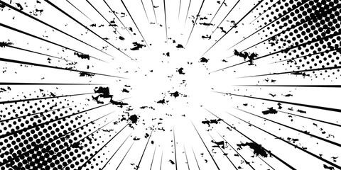 Comic book black and white radial lines background. Manga speed frame. Super hero action. Vector illustration.