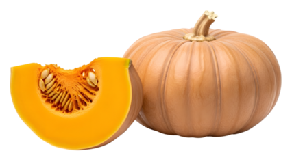 A whole light brown pumpkin with a vibrant orange slice showing seeds.