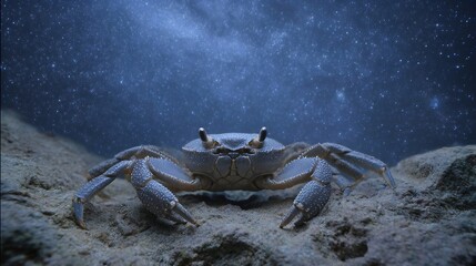 A lone crab stands on a sandy ocean floor beneath a starry cosmic sky creating a surreal ethereal atmosphere