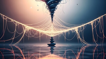 Dynamic blue fractal wave patterns with digital grid lines create an abstract space background representation for a dark technology wallpaper backdrop