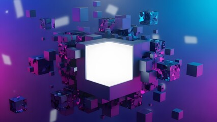 Abstract city background featuring colorful squares on a digital laptop monitor display with flat vector technology icons and business design elements for a web desktop illustration