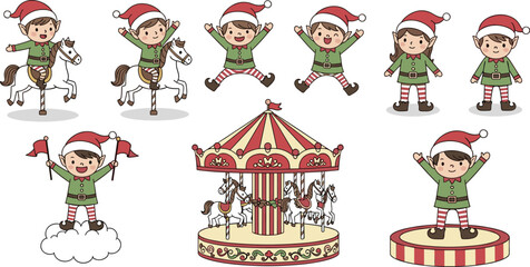 Fototapeta premium Cute Christmas elves playing and celebrating near carousel, happy holiday amusement park illustration with kids riding horses, winter festival fun and joyful festive season