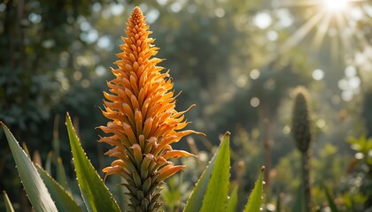 Blooming Orange Aloe Flower Spike in Sunlit Tropical Garden