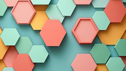 Colorful, pastel hexagons overlapping a flat, clean background