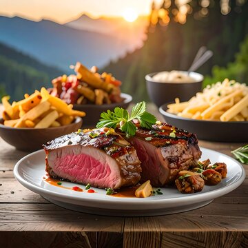 A close-up showcases a juicy, sliced steak. Surrounding it are side dishes, including fries, pasta, and vegetables, set on a wooden table