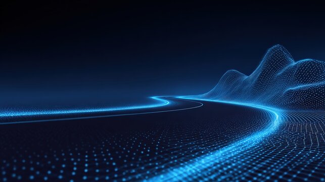 An illuminated digital road winds through a vibrant, dynamic, and futuristic digital landscape, bathed in an ethereal, electric-blue glow. ..Created with Generative AI, not depicting real subjects.