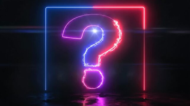 Neon Question Mark Glowing in the Dark with a Square Frame.