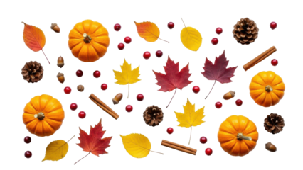 Autumnal arrangement featuring pumpkins, colorful leaves, pine cones, cinnamon sticks, and berries on white background.