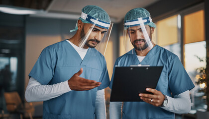 Two healthcare professionals in protective gear reviewing data on a tablet.
