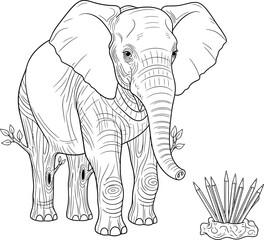 Fototapeta premium Black-and-white line art elephant with tree trunks for legs whimsical creative detailed coloring page