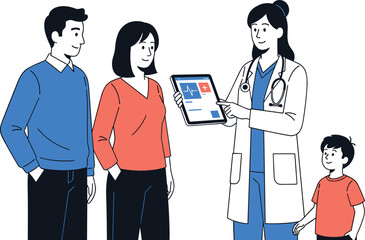 doctor showing digital health report to parents and child, family medical consultation, pediatric healthcare technology, modern hospital visit illustration vector scene