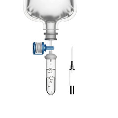 Medical illustration of an intravenous (IV) drip setup a fluid bag, regulating valve, and needle