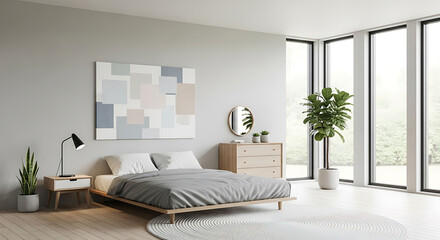 Minimalist bedroom with grey bedding and abstract art