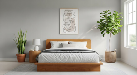 Minimalist bedroom with wooden bed and plants wooden bed frame