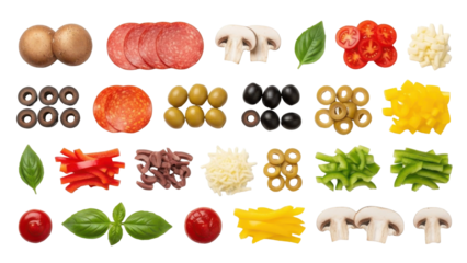 Collection of various pizza toppings arranged in neat rows, isolated on white background.