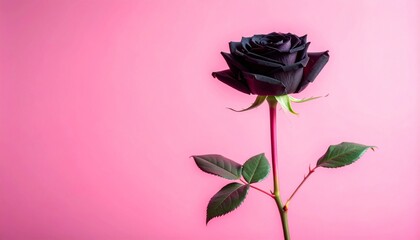 Black rose with green stem on solid pink background