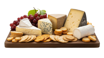A beautifully arranged cheese board featuring various cheeses, crackers, and grapes, ready to be enjoyed.