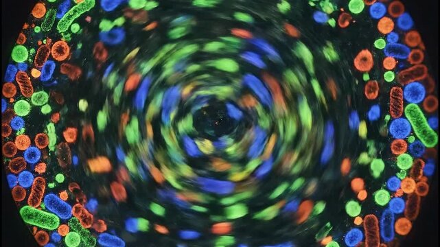 Microscopic close-up reveals vibrant bacteria swirling gracefully in liquid, glowing under light, showcasing the dynamic beauty and complexity of microbial life in a fluid ecosystem