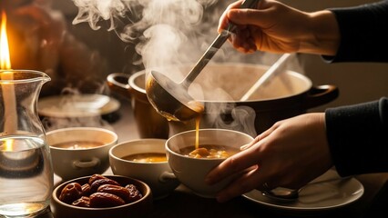 Hands ladle steaming hot soup from a plant into a ceramic bowl, served with dates and water in a carafe