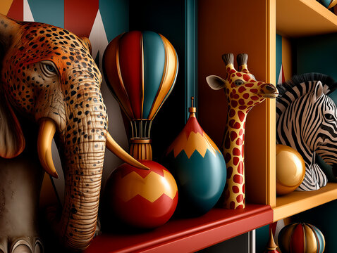 Colorful circus-themed decor with a striped ceiling. Features playful sculptures of an elephant, giraffe, and zebra, along with vibrant decorative balls and a hot air balloon.