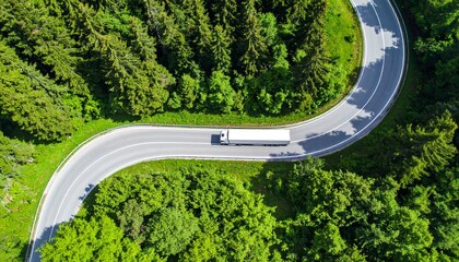 Aerial View of White Semi-Truck on Winding Road Through Green Forest