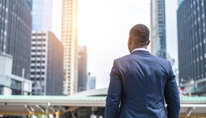 African American businessman in suit standing, looking at modern city skyline, symbolizing future vision.
