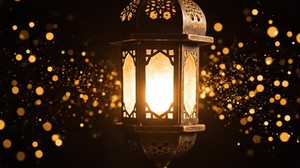 Glowing lantern with golden lights background.